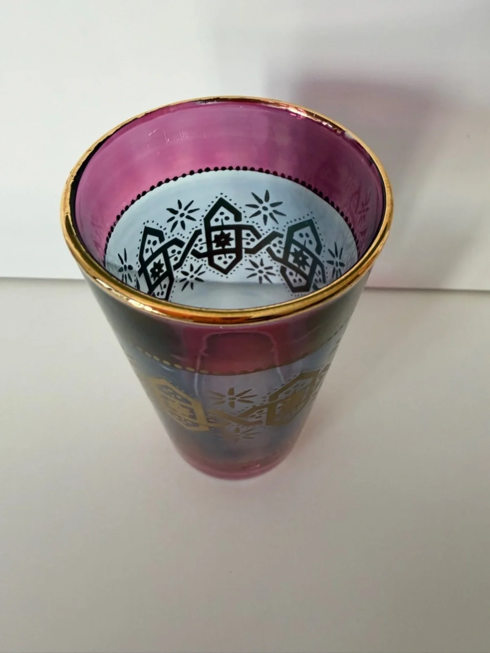 Vintage Moroccan Hand Painted Tea Glass Small Shot Glass Gold Pink Blue